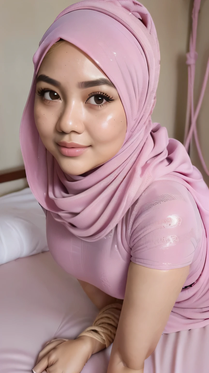 (64k, RAW photo, Close Up, ((fullbody)),((cute post)), masterpiecel1.3 , realistic, photo-realistic, best quality, HDR, 30 years old, ((hotel)), ((lighting)), ((kneeling at bed)), ((hands are tied with rope behind head)), ((show both sexy armpit)), ((1 beautiful malay girl)), ((seductive sexy poses)), ((smirk)), ((shy face)), ((chubby body)), ((chubby arm, ((beautiful chubby)), ((fat)), photo of a malay girl pink tudung hijab, details skin texture, bright skin, milky skin, big gorgeous eyes, double eyelids, perfect eye, ((huge-breasted), ((wearing hijab tudung pink)), ((naked)), ((rope bondage)), ((front down face up viewing camera))