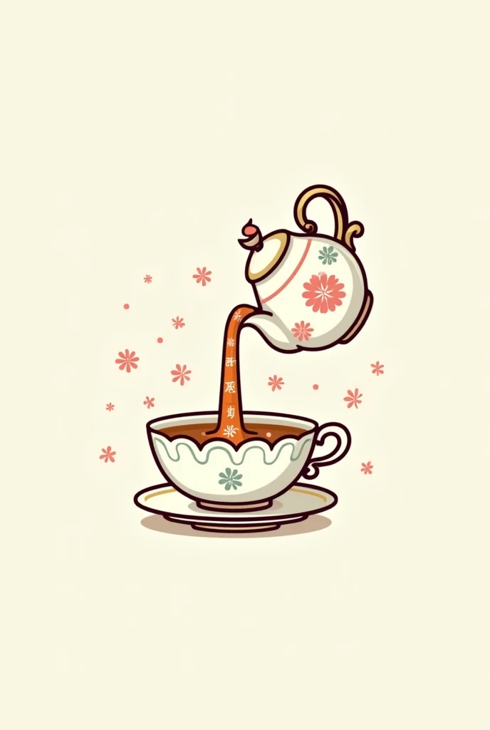 Fancy pot pouring tea to a fancy tea cup and it's over flowing . But the tea is kanji alphabet. Make it a cutesy logo and pastel. Make the tea cup overflowing 