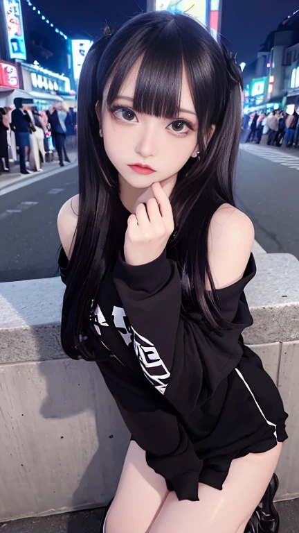 4K - ultra-vivid、highest quality, masterpiece, Ultra-high resolution, (reality: 1.4),  1 girl, Purple eyes, Cinema Lighting、purple and black hair、(Mine Girl、deep makeup)、(Earrings、lots of earrings、Oversized off-the-shoulder T-shirt、Dark mini skirt)、((Heavy makeup、Oilskin,Glowing Skin、Realistic skin texture、Fine and beautiful skin、Shiny skin)), Dark downtown at night、night、blue film photography、Kabukicho、(Full Shot:1.8)、Thin legs、Thin arms、Narrow shoulders、Narrow waist、Slender body、, whole body、(Room light:-0.8)