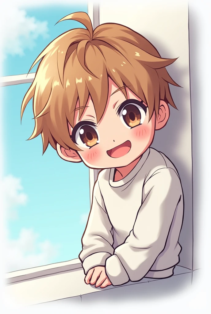 Emoji for screen corner of a boy with white sweatshirt and light brown hair 2d anime style