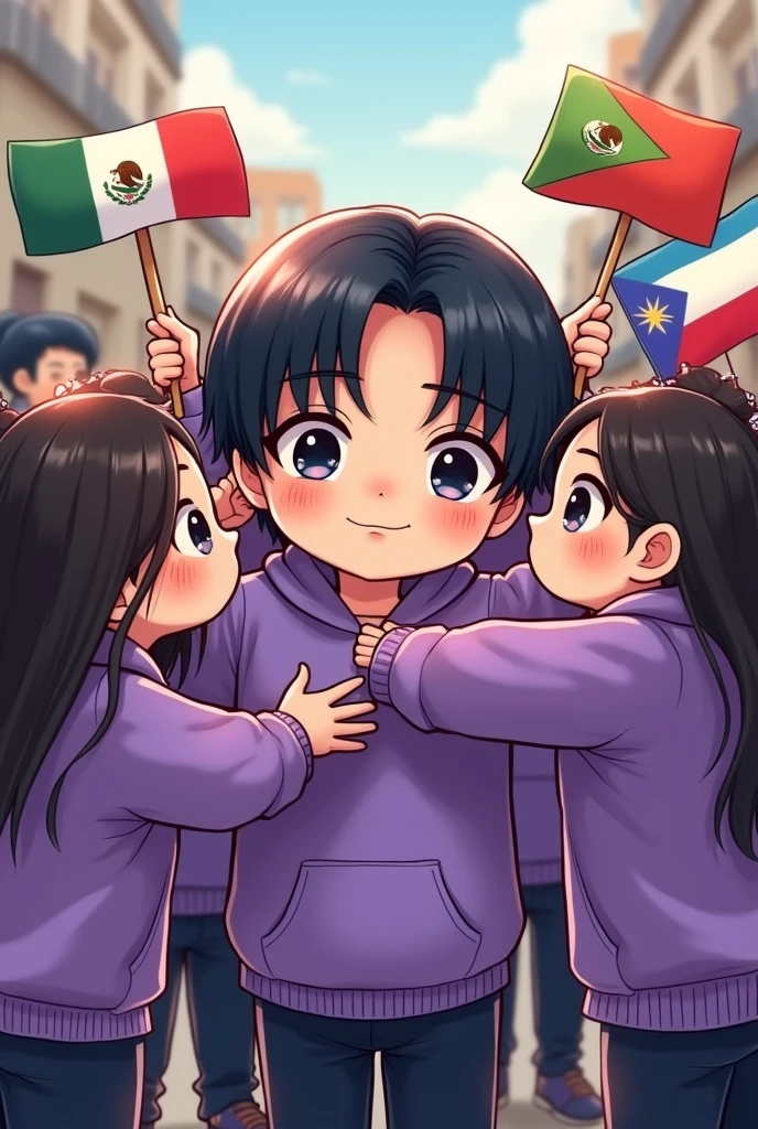 BTS&#39;s Suga with black hair and eyes protected and supported by his Latin American army fans with purple sweatshirts and Mexican flags, guatemala, Argentina in hand cute chibi image