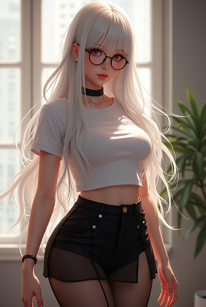 ulzzang-6500-v1.1,(raw photo:1.2), (photorealistic:1.4), beautiful detailed girl, very detailed eyes and face, beautiful detailed eyes, ridiculous, incredibly ridiculous, huge file size, super detailed, high resolution, very detailed, best quality, masterpiece, ((t-shirt)), illustration, very detailed, CG, unified, 8k wallpaper, amazing, fine details, masterpiece, Best quality, very detailed CG unified 8k wallpaper, face light, movie lighting, 1girl, 16 years old, long white hair, side split, (big breasts), (no panties)), (with glasses), (dynamic pose), (sexy pose), ((camel toe))), (half), ((pantyhose)), ((black hip skirt)), (bent knees)))))