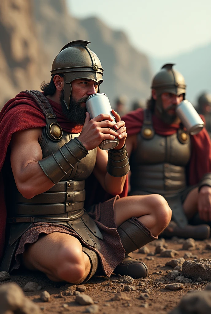 (photorealism:1.2), Spartan soldiers drinking beer from a can on the battlefield, Beer cans are white, The cans have no labels