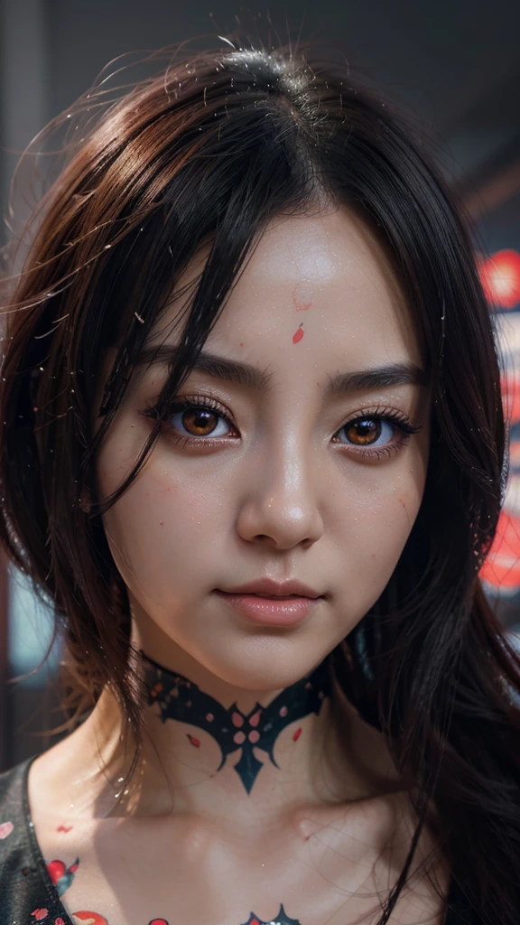 Close-up of a woman with a face, painted with Chinese characters, stunning anime face portrait, Alice X. Zhang, Anime Illustrations, Ian J., detailed Anime Illustrations, anime abstract art, with red eyes, japanese art style, detailed painting 4k, anime cyberpunk art, anime art wallpaper 4k, Anime Art Wallpaper 4k, by Ni Zana