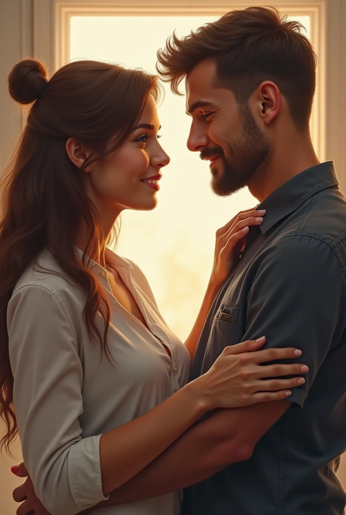 Image of a woman encouraging a man with scissors 