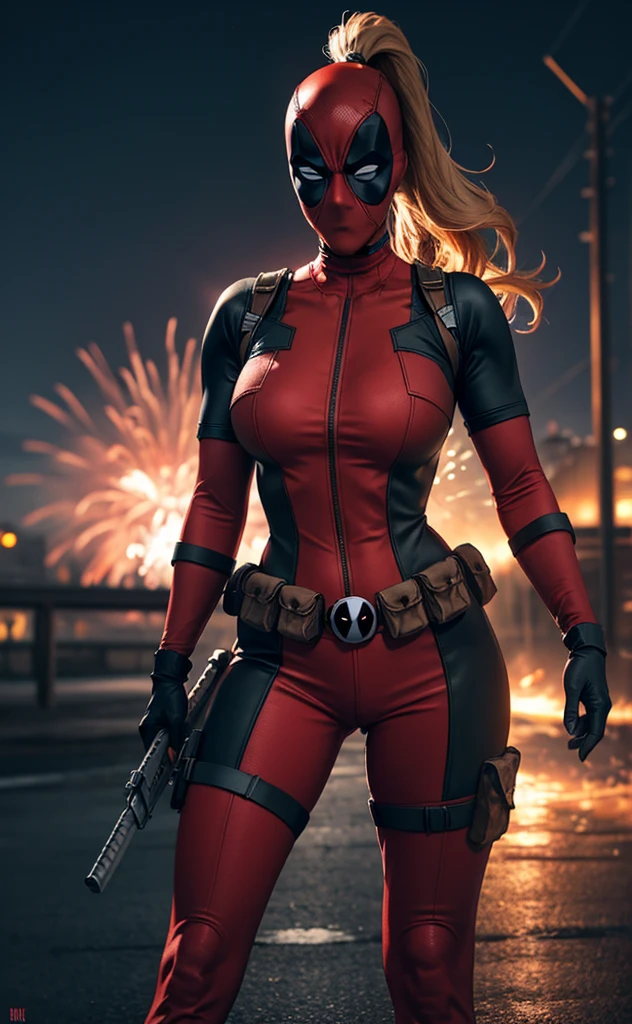 masterpiece, best quality, highres, contrapposto,
BodySuit_lady_deadpool_ownwaifu,
1girl, mask, reddish copper color hair, ponytail, long hair, bunny ears about the mask , large breasts, no pupils,
bodysuit, skin tight, superhero, belt pouch, utility belt, red bodysuit, gloves, weapon on back, thigh pouch, thigh strap, thigh holster, belt buckle, turtleneck,
light particles, depth_of_field, scenery, night, aerial fireworks, solo, cowboy shot, looking at viewer,
