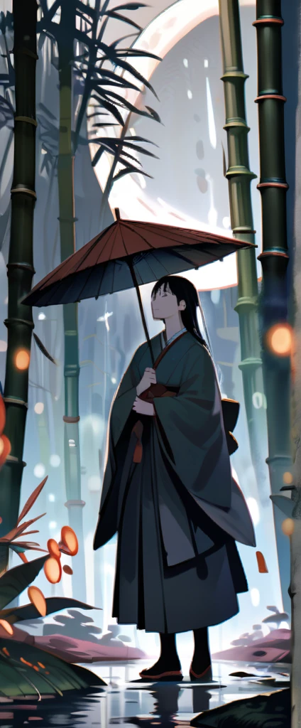 dynamic ink painting of a bamboo grove of japan, great art, great sense of depth, ground level shot, the most beautiful bamboo grove in the world, bamboo leaves shining through rainwater, moon\(pale blue\) with a light overcast,solo, beautiful 1girl\(ancient Japanese noble, beautiful kimono, beautiful long black hair\) looking up at the moon holding an umbrella,raining softly, fireflies flying around, bamboo leaves are placed three-dimensionally in the foreground, long shot,colorless,full body