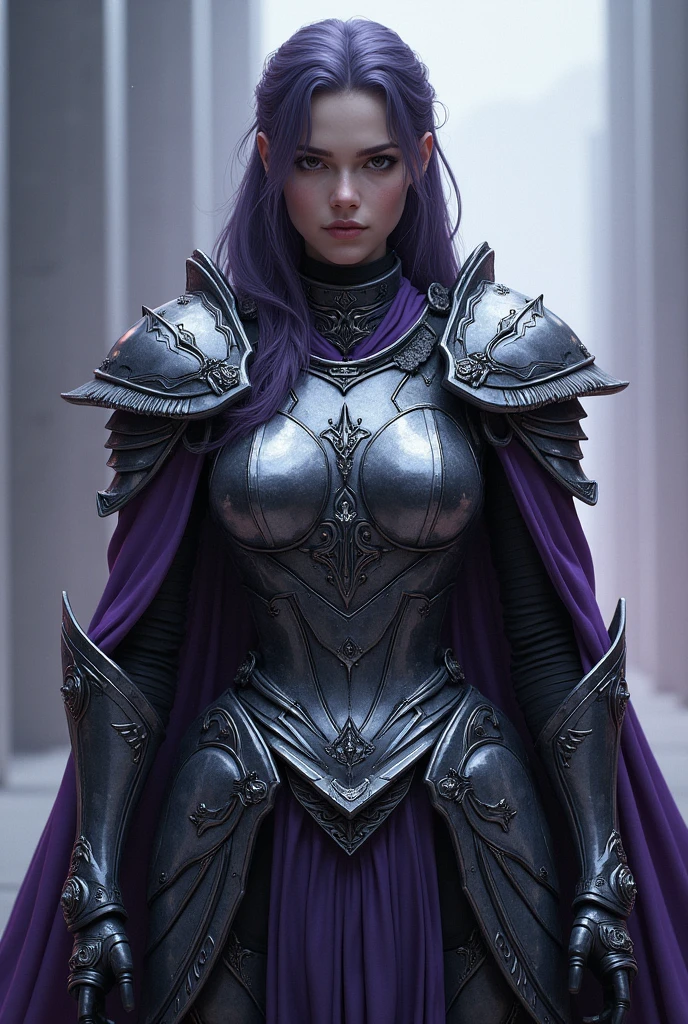 Female General, wear iron armor. Purple tone, cool.