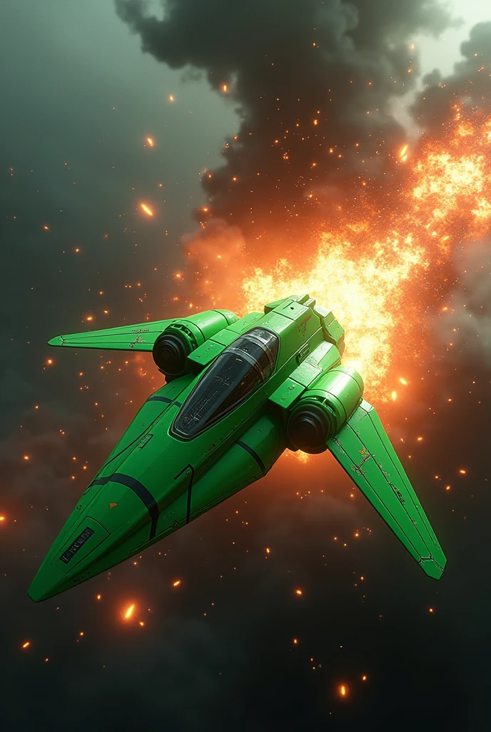 masterpiece, photorealistic highly detailed 8k photography, best cinematic quality, volumetric lighting and shadows, sharp intricate details, Compact symmetric Bright Green spcrft destroying a space warship, Large wings, explosions, space battle background, Point-of-view shot