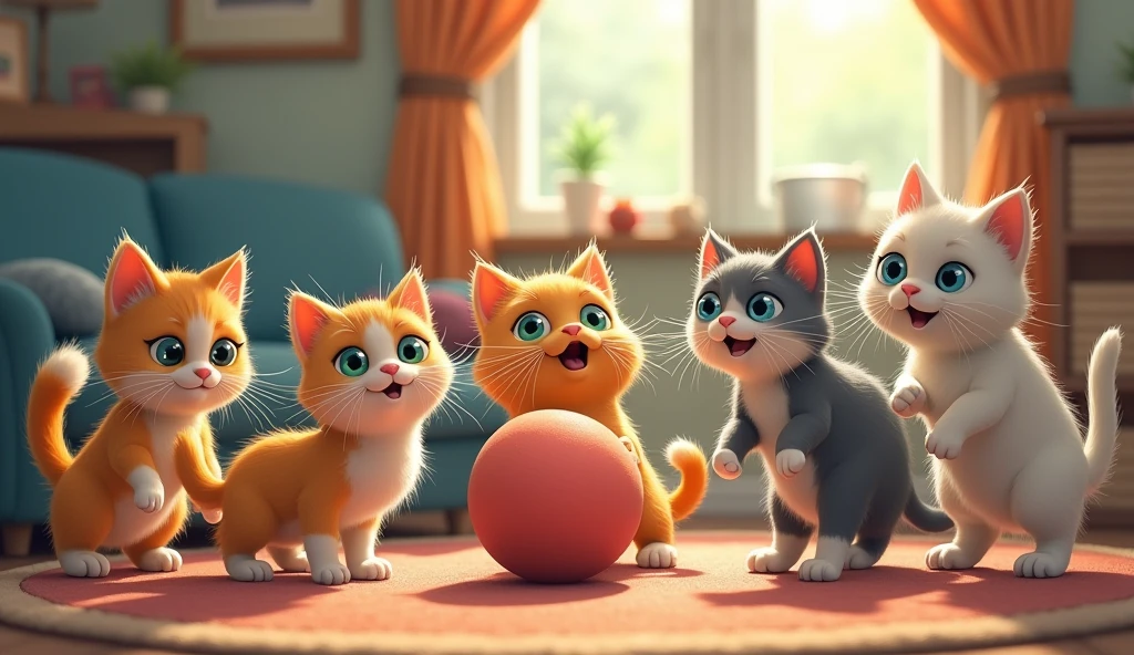 Six silly cats, playing with a ball,
Counting whiskers, they have them all!(