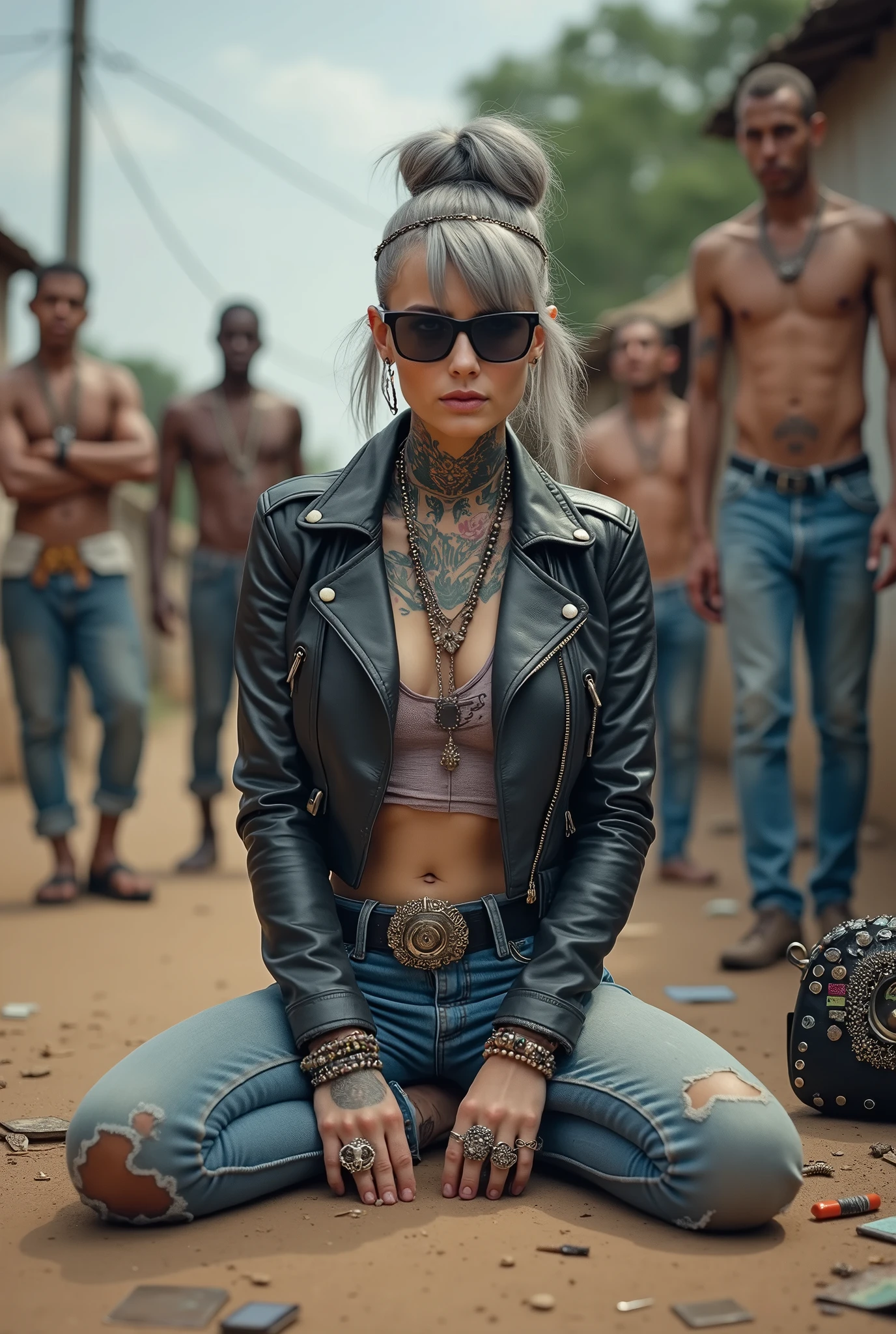russian milf woman, grey hair (pouf, and top bun and shaved sides) and oversized square maxi sunglasses as headband, with very light blue eyes, extremely pale. Wearing aged black cropped moto jacket with padded shoulders, with lots of zippers and pins; aged dirty tight push up tank top , skinny aged blue jeans and dirty white tennis sneakers. Dirty knees and dusty hands. Lots of metallic bracelets, lots of boho pendants and lots of colourful beads collars. Tacky wide studded leather belt with oversized skull and bones buckle. Long bohemian earrings with colourful feathers. Kneeling like in a payer, looking up, chin up stretching her neck , humble facial expression. Hands on her knees, showing off bracelets and rings. studded black leather tote bag with chains on the floor, next to her..  Listening in amazement to somebody speaking to her, well toned abdominals, thin neck, slim legs and thin arms. Tattoed heavily on chest and hands.  Dirt street in Kenian village full of waste. A lot of tanned shirtless fat men in jeans around looking at her. next to her, all her belongings scattered on the floor: makeup kit, little makeup mirror, studded black leather tote bag, lipstick, wallet, moble etc on the floor