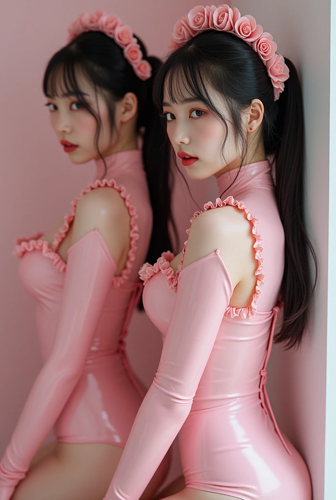 Portraiture、Sideways pose、(masterpiece,Highest quality,Ultra-high resolution),beautiful woman, ,(Pale pink latex maid outfit)、((Pale pink latex long skirt))、(A long-sleeved pale pink latex shirt that covers the upper body)、Latex gloves、Pale pink latex socks、Pale pink latex bodysuit、Frills、The clothes fit snugly to the body、Latex is very shiny