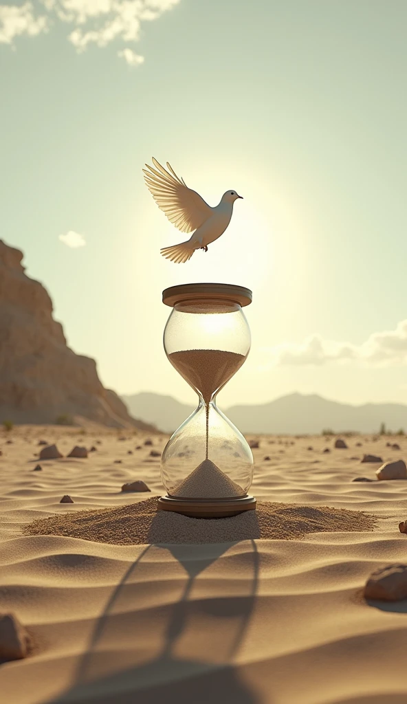 Imagine an hourglass with slowly flowing sand, in the middle of the desert symbolizing the end of times. and adds a flying white dove