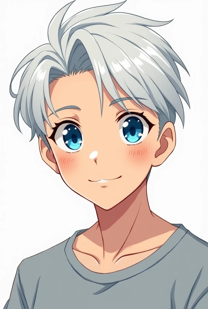 Make a handsome high school boy with short white hair, with blue eyes , is smiling . With anime art