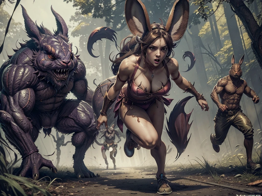 masterpiece, one sexy rabbit girl running with fear, there r bigs monsters and creatures who r trying to catch this sexy rabbit girtl,