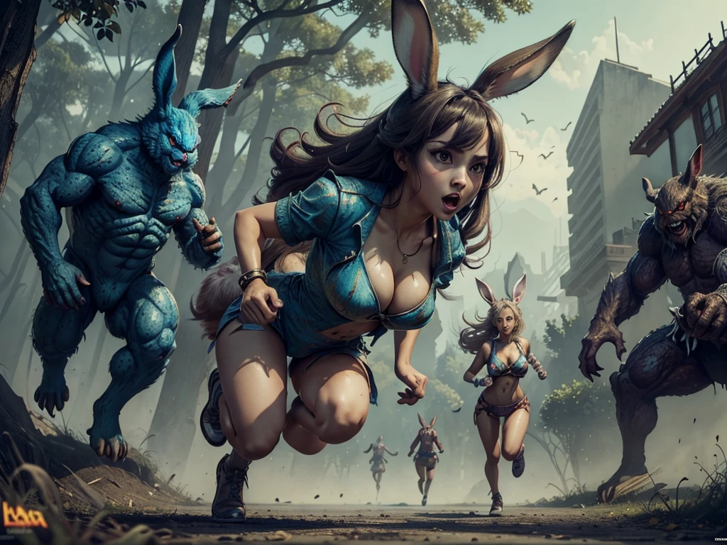 masterpiece, one sexy rabbit girl running with fear, there r bigs monsters and creatures who r trying to catch this sexy rabbit girtl,