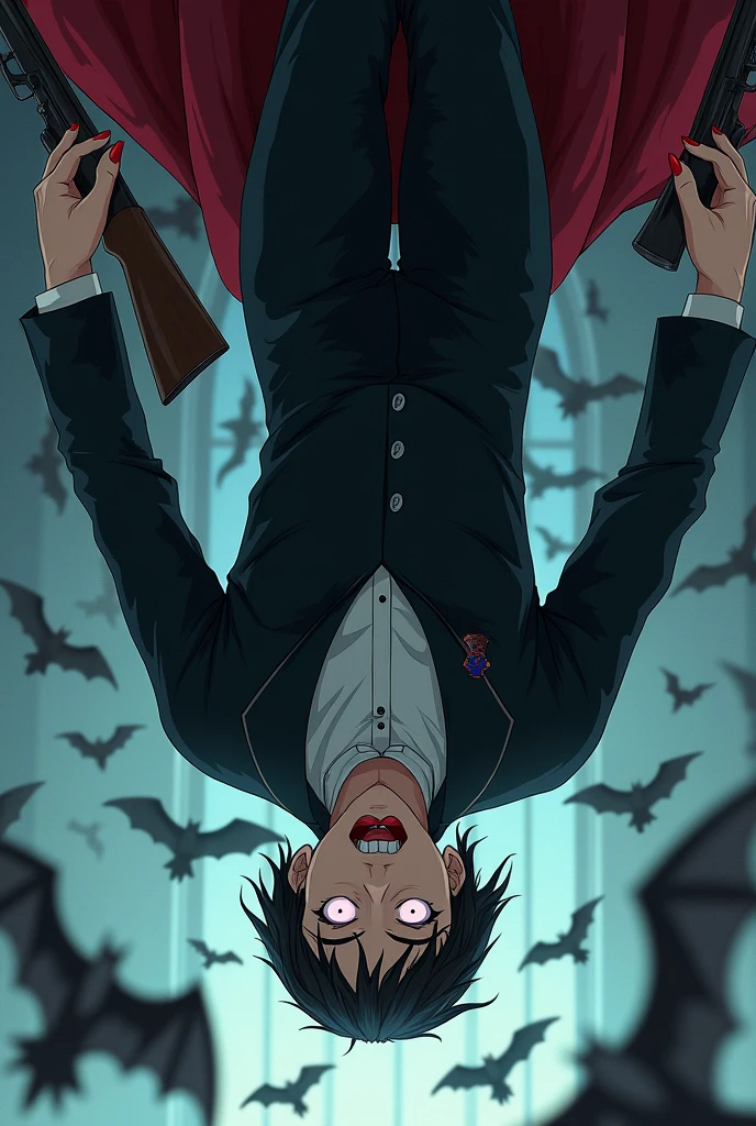 vampyre, using suit, fully body, anime drawing style, enduring with a musket, Upside down, with bats around, well-drawn and serious face, anime vampire face