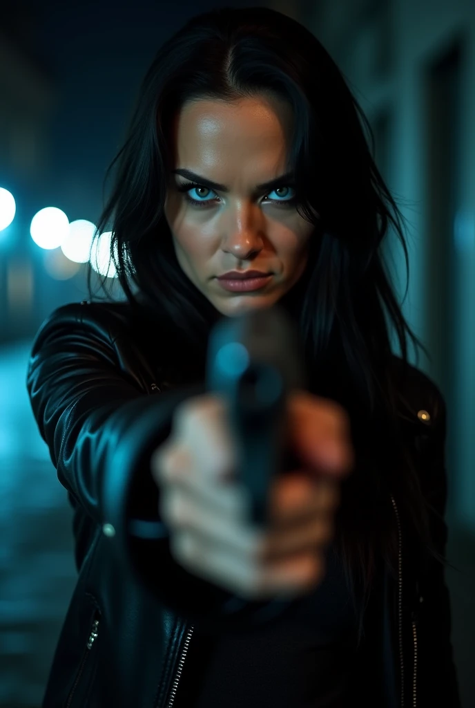 A close-up of a woman&#39;s very blue eyes, angry look, linda, black hair, black leather clothing, and a gun in his hand, dark night background, light home glowing glitters