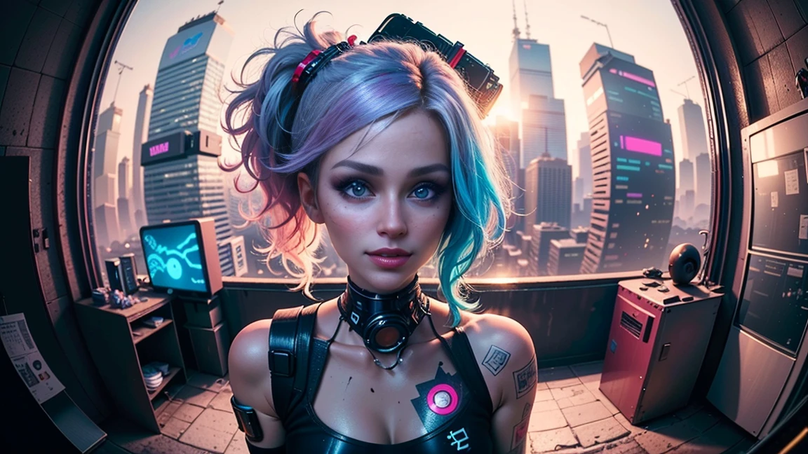 ((25 year old cyberpunk girls in a colorful Harajuku pop outfit)), ((((fisheye lens)))), Cowboy shot, the wind, Real Pile, big blue eyes, 8K, a perfect face, the perfect body, messy hair, Highly detailed eyes, Highly detailed face, ((Cyberpunk 2077 cityscape)), (Cyberpunk aesthetics and atmosphere:1.3), Bright colors, Smiling, ((Cinematic lighting))