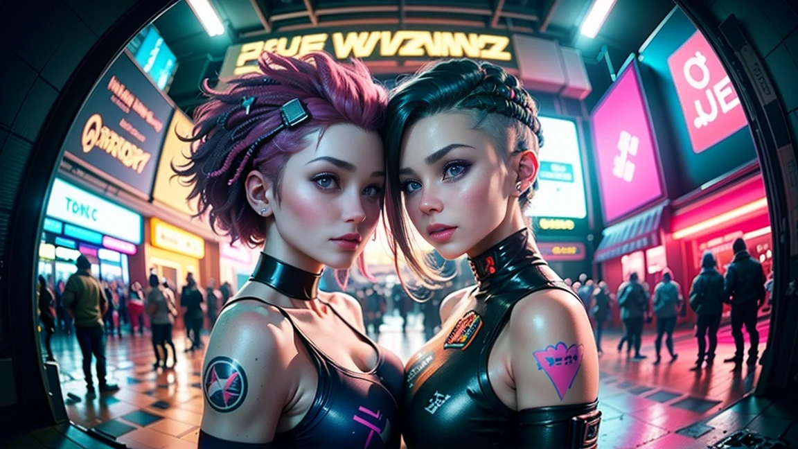 ((2 cyberpunk girls in a colorful Harajuku pop outfit)), ((((fisheye lens)))), Cowboy shot, the wind, Real Pile, big blue eyes, 8K, a perfect face, the perfect body, messy hair, Highly detailed eyes, Highly detailed face, ((Cyberpunk 2077 cityscape)), (Cyberpunk aesthetics and atmosphere:1.3), Bright colors, Smiling, ((Cinematic lighting))