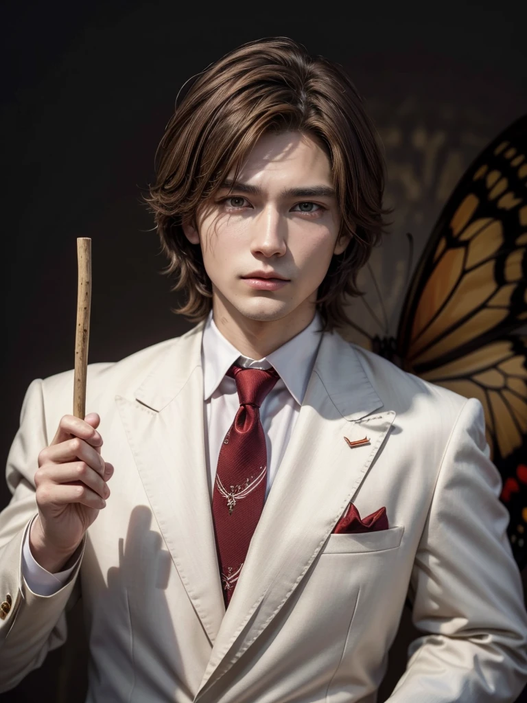 Brown haired man, hypdertailed,, red fire eyes white suit, butterfly necktie, holding a Japanese Bo stick 