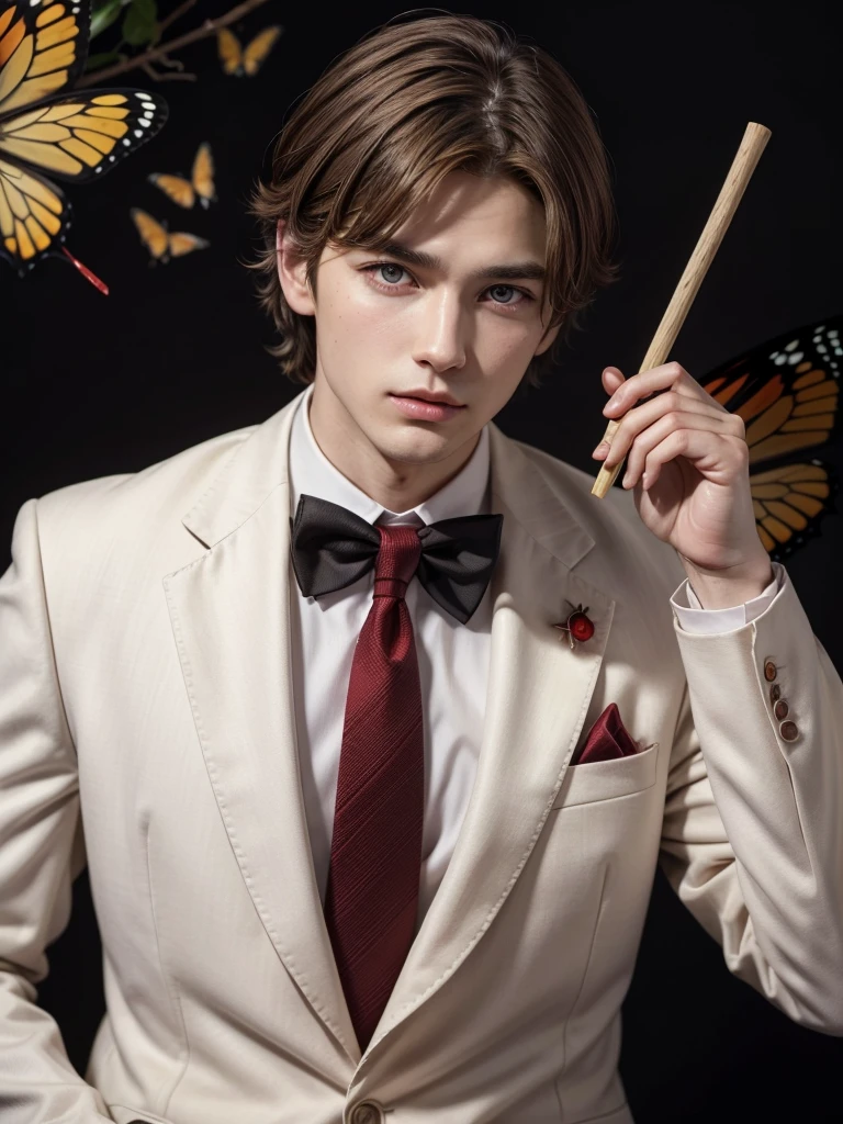 Brown haired man, hypdertailed,, red fire eyes white suit, butterfly necktie, holding a Japanese Bo stick 