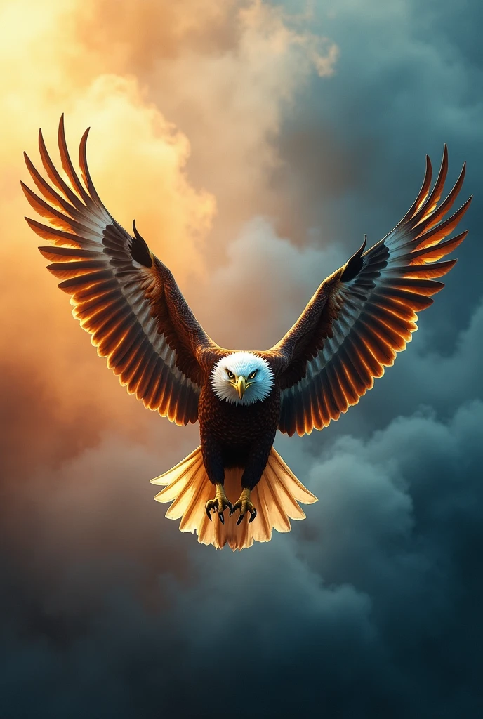 Beautiful eagle, front view, fly, wing span, smoky orange blue background,