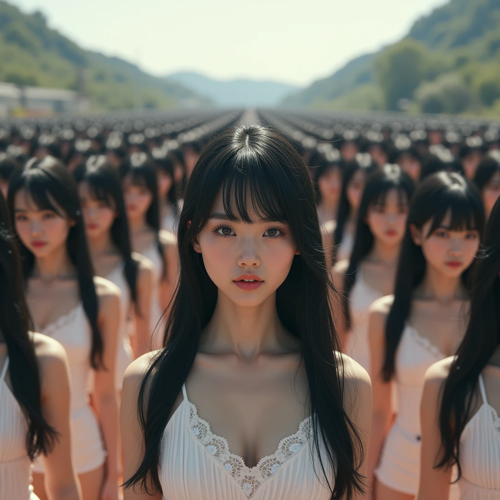 (((((Japanese Clone girls=Myself)))))), (((Best Super High quality Myself Clone girls Raw Photography Art))), (16K, Highest quality, Ultra-high resolution, RAW Photos), (((It&#39;s so unrealistic., With unparalleled depiction, With an unfathomable sight, An unprecedented and shocking worldview, Clone girls in a world of mass reproduction, Ultra-realistic))), (((Japanese, woman, 20yo, Saito-Asuka))), (Small face, ((Thick black hair, Semi-long hair))), ((V-neck short-sleeve dress)), (((((Very detailed美しい女体, Accurate body structure, Very detailed完璧な, Super busty body with very large breasts, Clearly emphasizes cleavage))))), (((Dark Eyes, Mature face, Cute Smile, A gentle gaze))), (((Her happy and smiling expression is so cute))), ((((((((Very detailed分身増殖描写, ((1girl→Myself cloning→1,000,000,000,000,000,000,000,000,000,000,000,000,000,000,000,000,000,000,000,000Myself Clone girls)))))))))), ((((((((Very detailed, The precise depiction of the proliferation of Myself Clone girls, ((With the perfectly identical bodies of Myself clone girls, With the exact same face as the Myself clone girls, With the exact same hairstyle as the Myself clone girls, In the exact same clothes as the girls who are my clones, Perfectly the same height as the Myself clone girls, Super big breasts, just like the Myself clone girls)))))))))), (((Myself clone girls only))), (((Multiple pairs, Very detailed depiction, (Myself clone girls hug each other, Myself clone girls assemble, Fun conversations with fellow Myself clone girls, A fun conversation between Myself clone girls, Myself clone girls holding hands, Walking with lots of Myself clone girls, Turn around, Look at me)))), (((Everyone looks at the camera))), (((Unbelievably crowded, Transcendent Myself clone girls intimately, Countless Myself clone girls surround you in 360 degrees))), (Bright, soft sunlight), (((Very wide field of view, Very detailed, Detailed ultra-perspective depiction with clear depth, super wide view))), (((((Junction with a curved slope))))), (((Very photographic and detailed depiction, Myself clone girls will multiply infinitely and fill the surroundings from one side to the horizon with their bodies tightly packed together without any gaps., A scene of endless Myself clone girls and a fun atmosphere))), (Focus on the average value of the image)