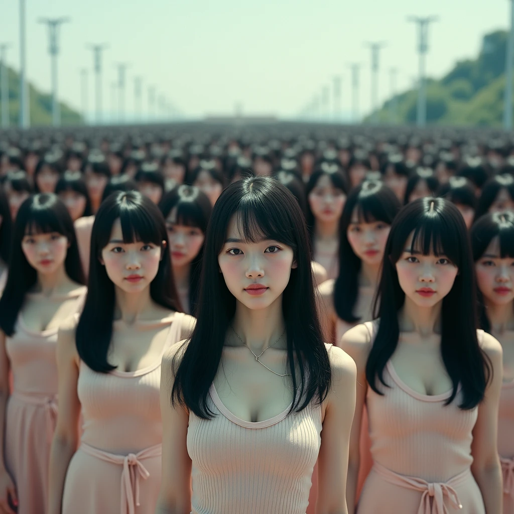 (((((Japanese Clone girls=Myself)))))), (((Best Super High quality Myself Clone girls Raw Photography Art))), (16K, Highest quality, Ultra-high resolution, RAW Photos), (((It's so unrealistic., With unparalleled depiction, With an unfathomable sight, An unprecedented and shocking worldview, Clone girls in a world of mass reproduction, Ultra-realistic))), (((Japanese, woman, 20yo, Saito-Asuka))), (Small face, ((Thick black hair, Semi-long hair))), ((V-neck short-sleeve dress)), (((((Very detailed美しい女体, Accurate body structure, Very detailed完璧な, Super busty body with very large breasts, Clearly emphasizes cleavage))))), (((Dark Eyes, Mature face, Cute Smile, A gentle gaze))), (((Her happy and smiling expression is so cute))), ((((((((Very detailed分身増殖描写, ((1girl→Myself cloning→1,000,000,000,000,000,000,000,000,000,000,000,000,000,000,000,000,000,000,000,000Myself Clone girls)))))))))), ((((((((Very detailed, The precise depiction of the proliferation of Myself Clone girls, ((With the perfectly identical bodies of Myself clone girls, With the exact same face as the Myself clone girls, With the exact same hairstyle as the Myself clone girls, In the exact same clothes as the girls who are my clones, Perfectly the same height as the Myself clone girls, Super big breasts, just like the Myself clone girls)))))))))), (((Myself clone girls only))), (((Multiple pairs, Very detailed depiction, (Myself clone girls hug each other, Myself clone girls assemble, Fun conversations with fellow Myself clone girls, A fun conversation between Myself clone girls, Myself clone girls holding hands, Walking with lots of Myself clone girls, Turn around, Look at me)))), (((Everyone looks at the camera))), (((Unbelievably crowded, Transcendent Myself clone girls intimately, Countless Myself clone girls surround you in 360 degrees))), (Bright, soft sunlight), (((Very wide field of view, Very detailed, Detailed ultra-perspective depiction with clear depth, super wide view))), (((((Junction with a curved slope))))), (((Very photographic and detailed depiction, Myself clone girls will multiply infinitely and fill the surroundings from one side to the horizon with their bodies tightly packed together without any gaps., A scene of endless Myself clone girls and a fun atmosphere))), (Focus on the average value of the image)