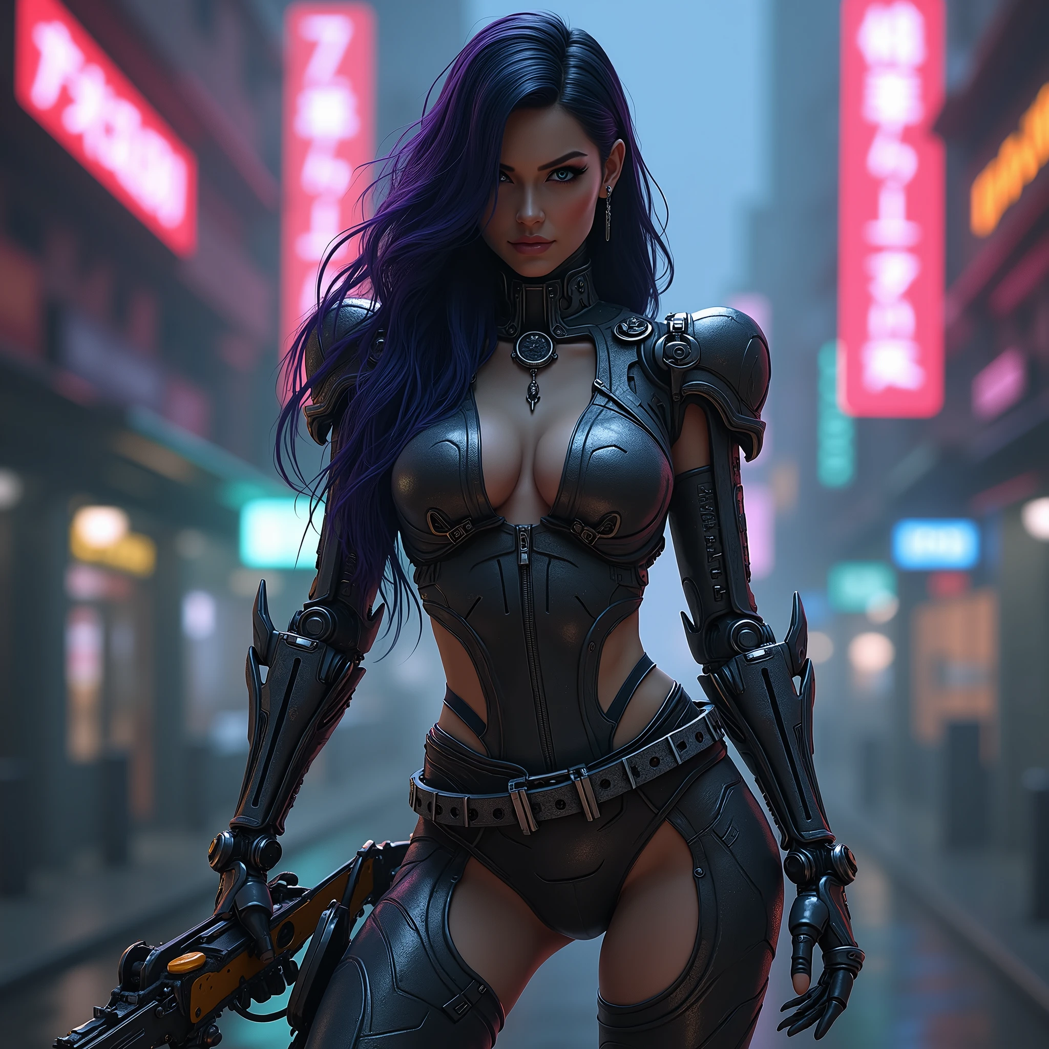 wearing a mechanical suit, Mechanical wonder, Cyberpunk, Cybernetic Guardian, futuristic armor, full body, front pose, symmetry, intricate (steel metal [rust]), joints, warframe style, cyborg, fit muscular female body and armor, large breast, seductive, temptation, eat your soul, cleavage, long flowing black hair with purple highlights, heavy gothic makeup, at night, neon, Chainsaw woman 