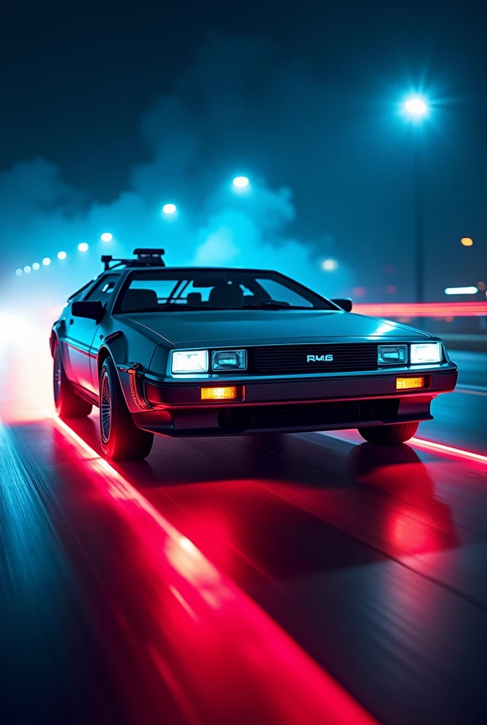 Delorean\(back to the future\(movie\),((glowing blue)),beautiful texture\), at night, (beautiful (red fire:1.5) from the wheel track behind Delorean), ((shallow depth-of-field)), (bokeh), (lens flare), sharp focus,,(dynamic angle:1.5),award winning photo, beautiful photo, very exciting racing photo,beautiful background,from front,close door, big ass