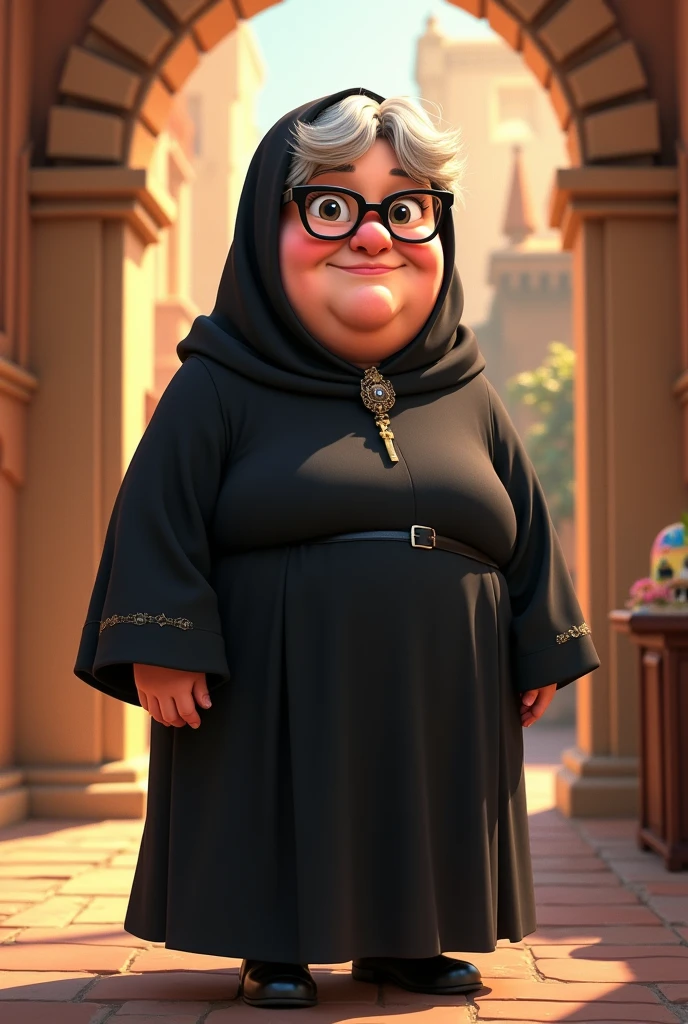 Priest dressed in black Tatiana, jung, chubby, glasses. Disney Pixar style