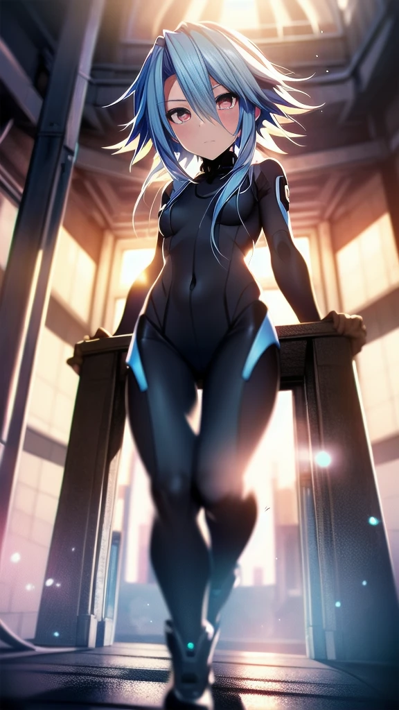 Highest quality，white heart，1girl，blue hair，red eyes，short hair with long locks，bare shoulders，symbol-shaped pupils，white bodysuit，elegant, 1 person, cute, Blushed, Looking at the audience, From below, prison，Beautiful Eyes, Beautiful background, Particles of light, Light of the sun, Dramatic lighting, outside, Shiny, Realistic, Highest quality, Very detailed, Get used to it, scenery, Beautiful and detailed, Thin Hair，Full Body Shot，