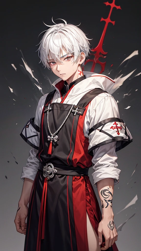 a korean priest man with short messy white hair black highlights, gray eyes, piercing look, strong body tattoos, dark cement wall background, with red lettering a drawing of a ,wearing a red and black knee-length tunic and wide clerical, It's with your hands together praying looking up, facing the side painted on an armchair