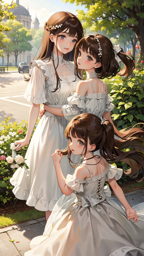 hasshaku-sama, (2girls), height difference, long hair, sleeveless dress, standing, collarbone, bangs, tall female, wide hips, huge breasts, randoseru, bare shoulders, off shoulder, backpack, frills, own hands together, sandals, sun hat, skirt, v arms, looking at viewer, off-shoulder dress, tareme, bag, straight-on, bare arms, holding strap, short sleeves, closed mouth, hands up, meadow, large breasts, full body, monochrome, child, ribbon, sundress, smile, ankle socks, parted lips, sidelocks, twintails, pleated skirt, half-closed eyes, age difference, tall, hat ribbon, socks, shoes, blush, hair between eyes, straight hair, female child, frilled dress, shirt, blunt bangs, narrowed eyes, jitome, miniskirt, swept bangs, looking away, layered skirt, off-shoulder shirt, :>, hand up, looking down, backlighting, short twintails, side-by-side, ahoge, frilled sleeves, bow, arm at side, armpit crease, t-shirt, <lora:Hasshakusama:0.6>