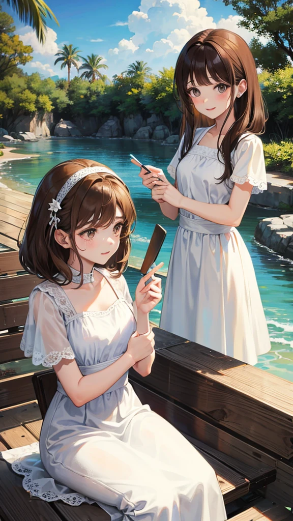 Two brown haired girls with white dresses