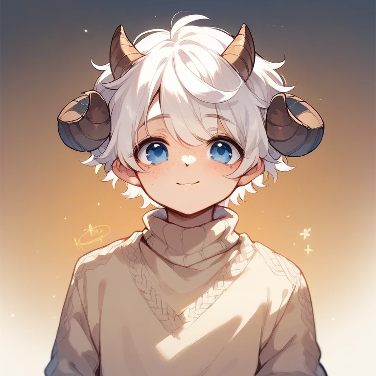 Cute sheep boy white hair blue eyes sweater freckles boy, Beige sweater, little sheep horns and ears, fluffy white hair, Cute and sexy