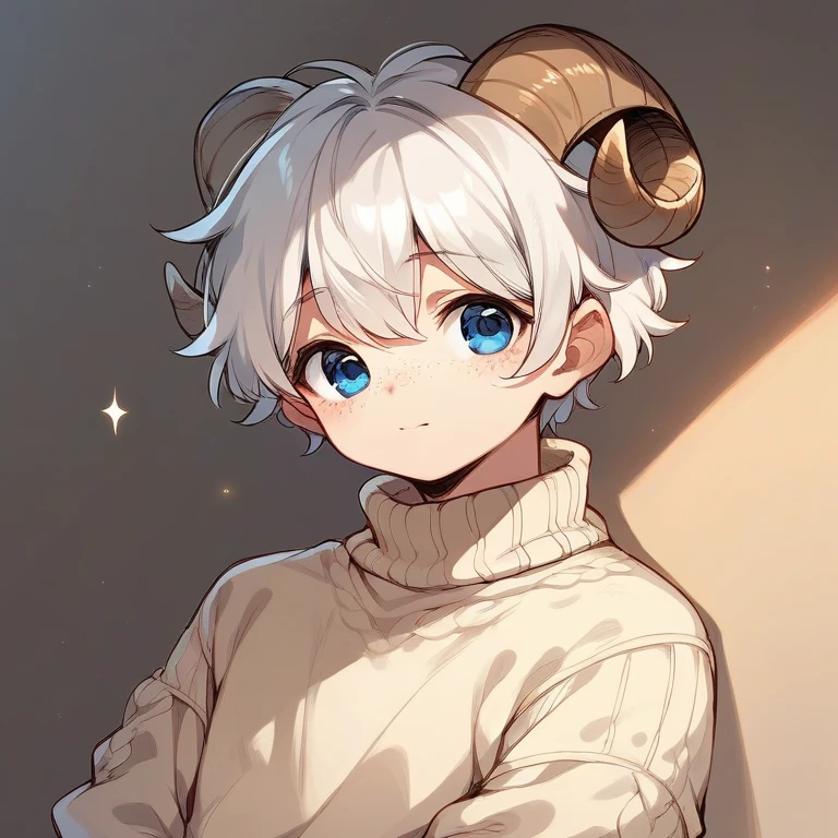 Cute sheep boy white hair blue eyes sweater freckles boy, Beige sweater, little sheep horns and ears, fluffy white hair, Cute and sexy