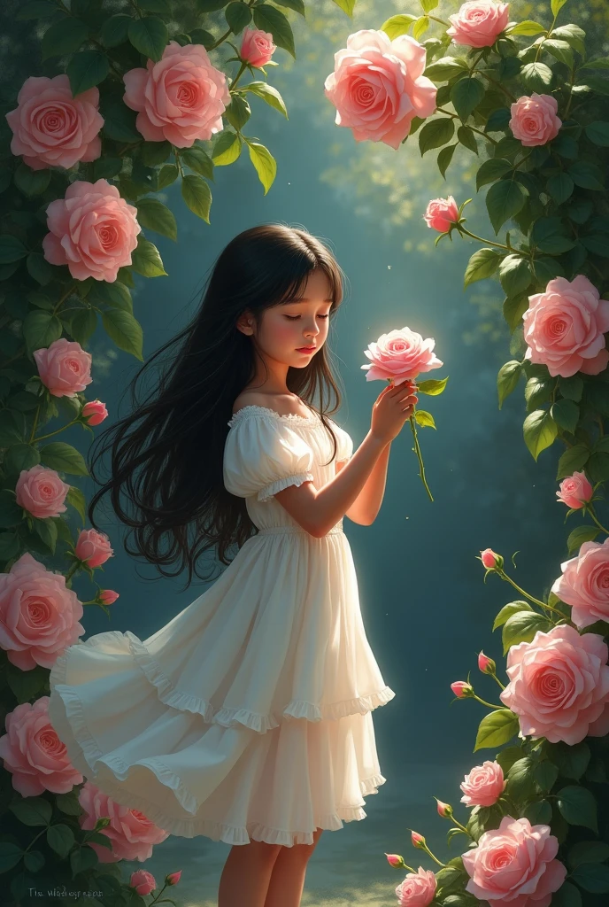 Create a highly detailed and realistic digital painting of a young girl standing amidst lush green rose bushes in full bloom. The girl, around , wears a flowing white dress with ruffled layers. Her long, dark hair cascades down her back, blending with the leaves. The roses surrounding her are soft pink, adding a touch of warmth to the scene. She holds a rose in one hand, and her other hand is gently reaching up to touch a rose above her head. The background is dark and softly blurred, with a few hints of blue, drawing focus to the girl and the roses. The overall atmosphere is dreamy and ethereal, with soft lighting that highlights the delicate features of the girl and the roses.