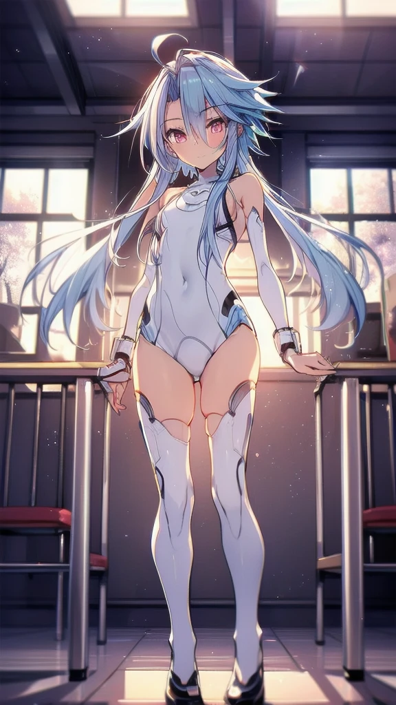 Highest quality，white heart，1girl，blue hair，red eyes，short hair with long locks，bare shoulders，symbol-shaped pupils，white bodysuit，elegant, 1 person, cute, Blushed, Looking at the audience, From below, prison，Beautiful Eyes, Beautiful background, Particles of light, Light of the sun, Dramatic lighting, outside, Shiny, Realistic, Highest quality, Very detailed, Get used to it, scenery, Beautiful and detailed, Thin Hair，Full Body Shot，