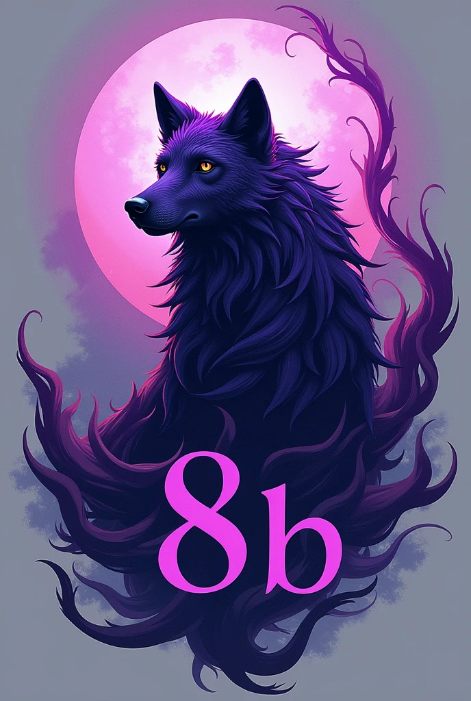 Create me a logo with a purple wolf, wind and the name "8 b"