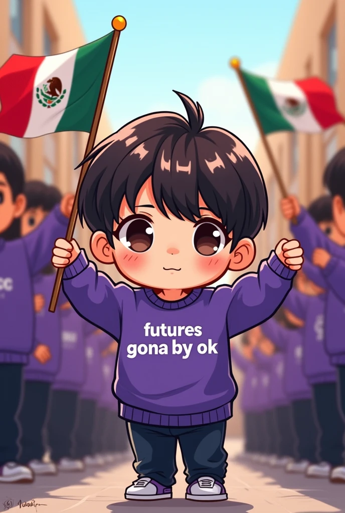 BTS Suga hair, sweatshirt with letters futures gona by ok and black eyes protected and supported by his Latin American army fans with purple sweatshirts and Mexican flags, guatemala, Argentina in hand cute chibi image
