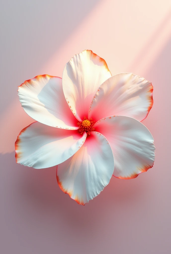White flower with pink center and orange edges