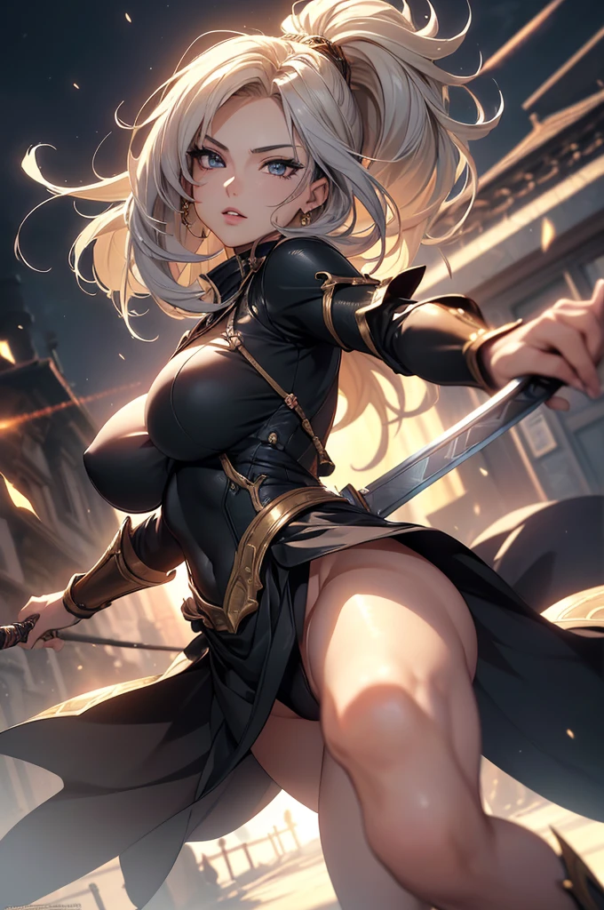 Highest quality,4K,High resolution,masterpiece:1.2), (Ultra-detailed), (Female swordsman with sword) (Dynamic Art), (He saw) (Dragon Ball Z setting), (pose), (Realist,photoRealist,photo-Realist:1.37), (High resolution,High resolution), (Portraiture), (Vibrant colors), (Long legs), (A noticeably elongated face), (Wide range) (Hermosos Fine grain), (Beautifully detailed lips), (Highly detailed eyes and face), , Bright eyes Dynamic angles and postures, (Long eyelashes), (Sharp focus), (Physically Based Rendering), (Beautiful female warrior), (Large Breasts) (Leg spread), (intense), (expression of intense desire), (Motion Blur), (elegant), (Slim figure), (Inspired by anime), (Bright light), (Cinema Lighting), (Contrasting colors), (Mysterious atmosphere), (Action-packed scenes), (Unique Look), (impressive), (good looking), (Exciting), (Expressive), (Interesting atmosphere), (Huge breasts:1.2) ((Highest quality)),((Very detailed)),masterpiece,Absurd,Detailed face,Beautiful Face,(Fine grain, Deep Eyes),(1 person),((Dynamic pose)), Shirakami's Long Hair,Bikini Armor,Inside the cave,In battle with monsters,