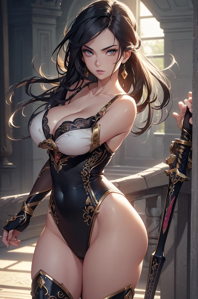 Highest quality,4K,High resolution,masterpiece:1.2), (Ultra-detailed), (Female swordsman with sword) (Dynamic Art), (He saw) (Dragon Ball Z setting), (pose), (Realist,photoRealist,photo-Realist:1.37), (High resolution,High resolution), (Portraiture), (Vibrant colors), (Long legs), (A noticeably elongated face), (Wide range) (Hermosos Fine grain), (Beautifully detailed lips), (Highly detailed eyes and face), , Bright eyes Dynamic angles and postures, (Long eyelashes), (Sharp focus), (Physically Based Rendering), (Beautiful female warrior), (Large Breasts) (Leg spread), (intense), (expression of intense desire), (Motion Blur), (elegant), (Slim figure), (Inspired by anime), (Bright light), (Cinema Lighting), (Contrasting colors), (Mysterious atmosphere), (Action-packed scenes), (Unique Look), (impressive), (good looking), (Exciting), (Expressive), (Interesting atmosphere), (Huge breasts:1.2) ((Highest quality)),((Very detailed)),masterpiece,Absurd,Detailed face,Beautiful Face,(Fine grain, Deep Eyes),(1 person),((Dynamic pose)), Shirakami's Long Hair,Bikini Armor,Inside the cave,In battle with monsters,