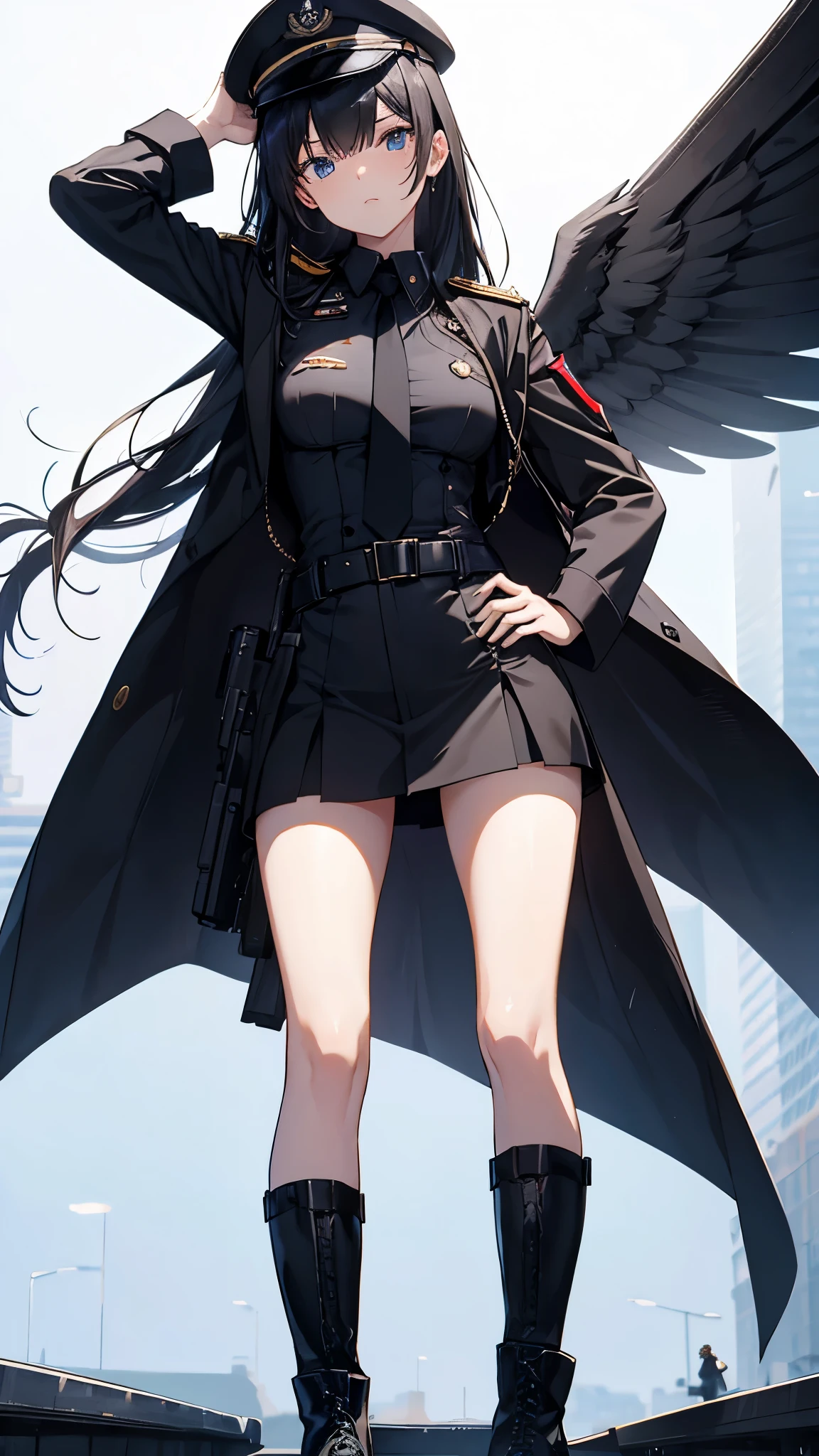 Commander Woman、beautiful、Near future、upright、Right hand salute、Black military uniform、Black Mini Tight Skirt、Black military boots、Black Stockings、Black Hair、Deep blue eyes、thin black tie、Slender body、Black Beret、Wings Medal、Rank insignia on shoulder、Has a holster on his hip、(Blue sky in the background、The deck of an aircraft carrier in the background)