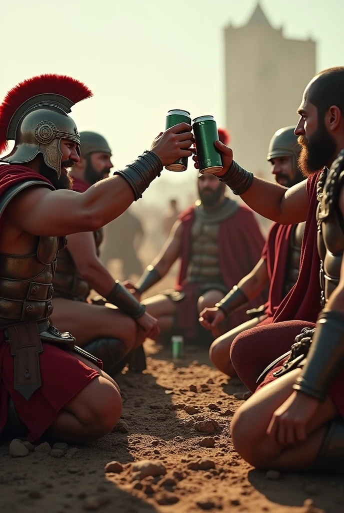 (photorealism:1.2), Spartan soldiers drinking beer from a can on the battlefield, Beer cans are white, The cans have no labels, The soldiers are celebrating, Beer cans are standard size