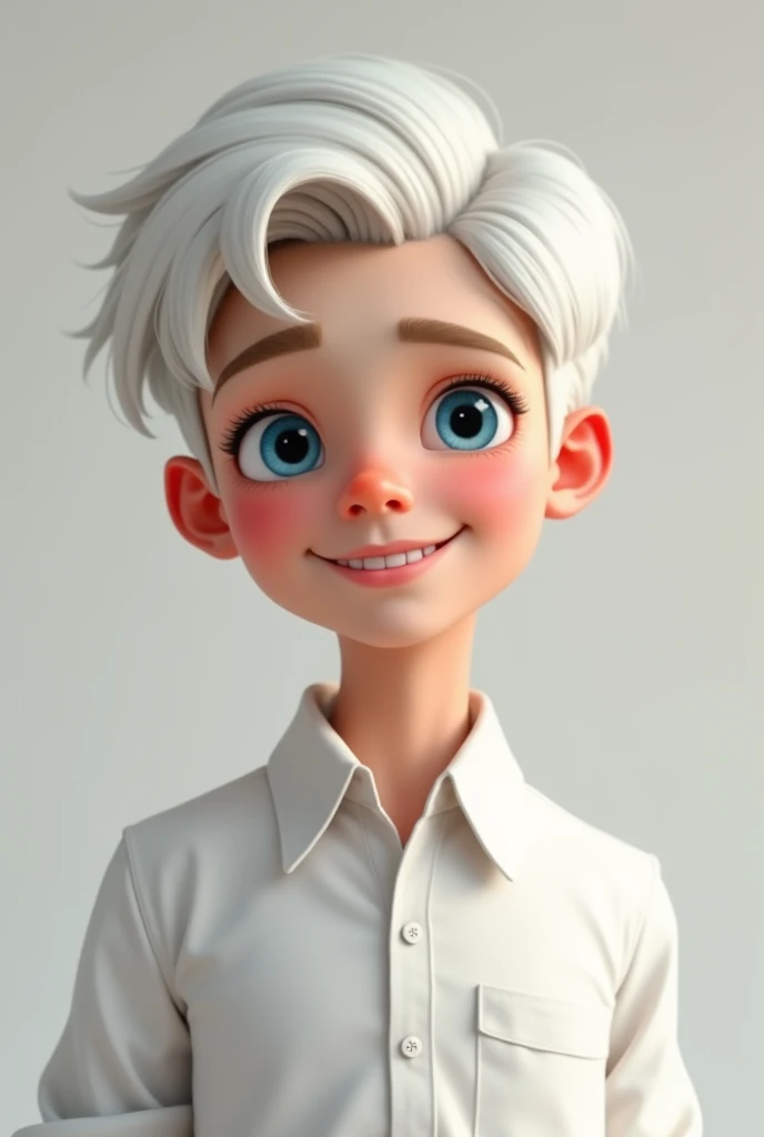 Make a handsome boy with short white hair, with blue eyes , is smiling, wearing a white shirt. 
