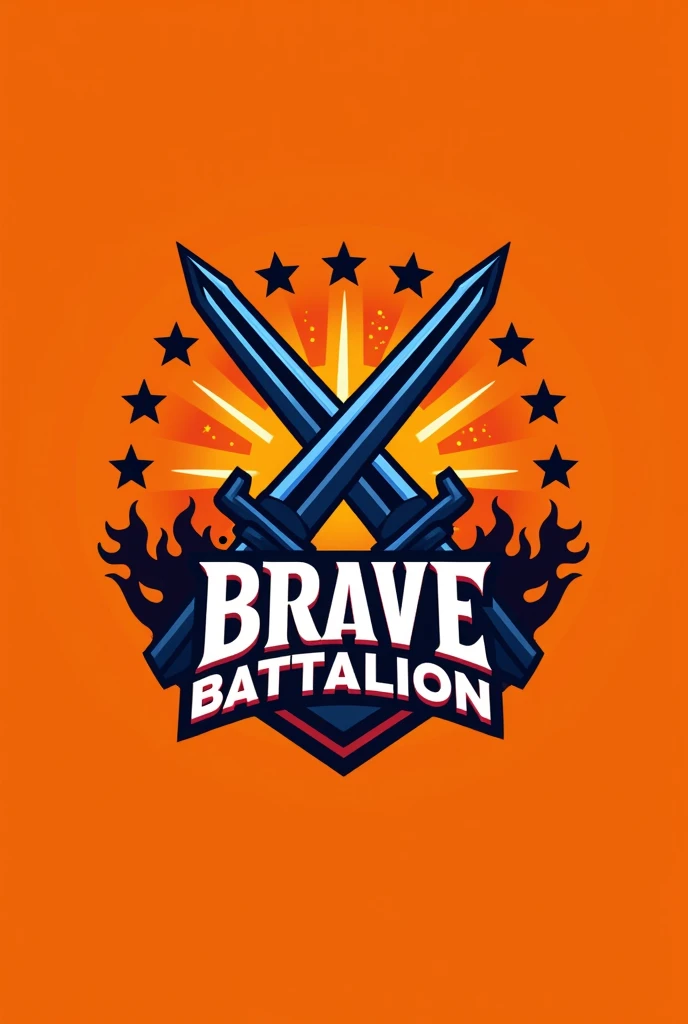 create another creatives logo image with the capitol letter word of BRAVE BATTALION, color theme bright orange, design two cross warrior swords clattered, must write the motto "Brave Together, Stronger Forever", insert a 12 embedded stars in the logo to represent the team members, don't insert dark human image