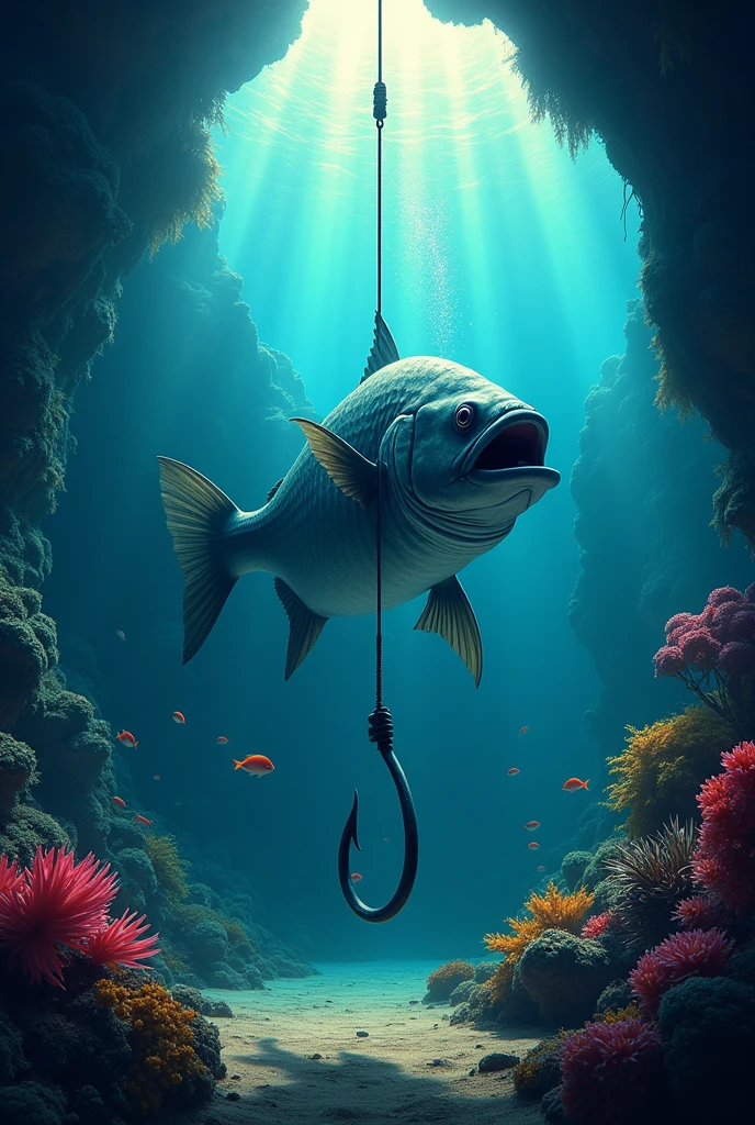 Create a cinematic poster featuring (big fish underwater),(best quality,ultra-detailed,realistic),the fish is looking at fishing hook:1.5 ,At the bottom of the poster, place the text "It's obvious" in large bold distressed letters, underwater photography,clear blue water,lush underwater plants,colorful coral reefs,tropical fish swimming gracefully,big zander fish lurking in the shadows,sparkling sunlight piercing through the water surface,scattered bubbles adding a sense of movement,dimly lit underwater cave in the background,vibrant colors illuminating the scene,faint rays of light enhancing the mystery and beauty of the underwater world,